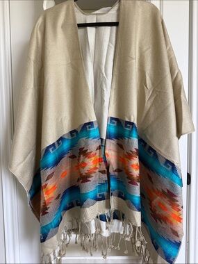 Beige Woven Poncho with Turquoise & Orange Geometric Stripe